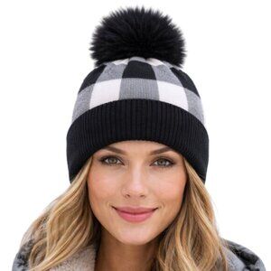 Black and White Checkered Pom-Pom Beanie